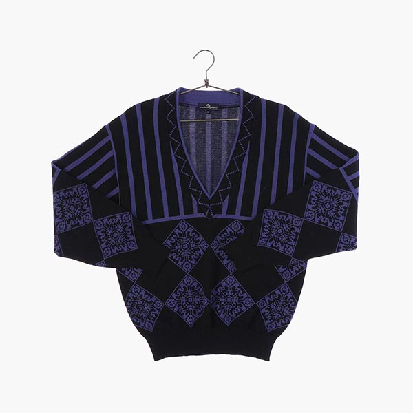 울 브이넥 패턴 니트/스웨터 여자 XL 빈티지플러스